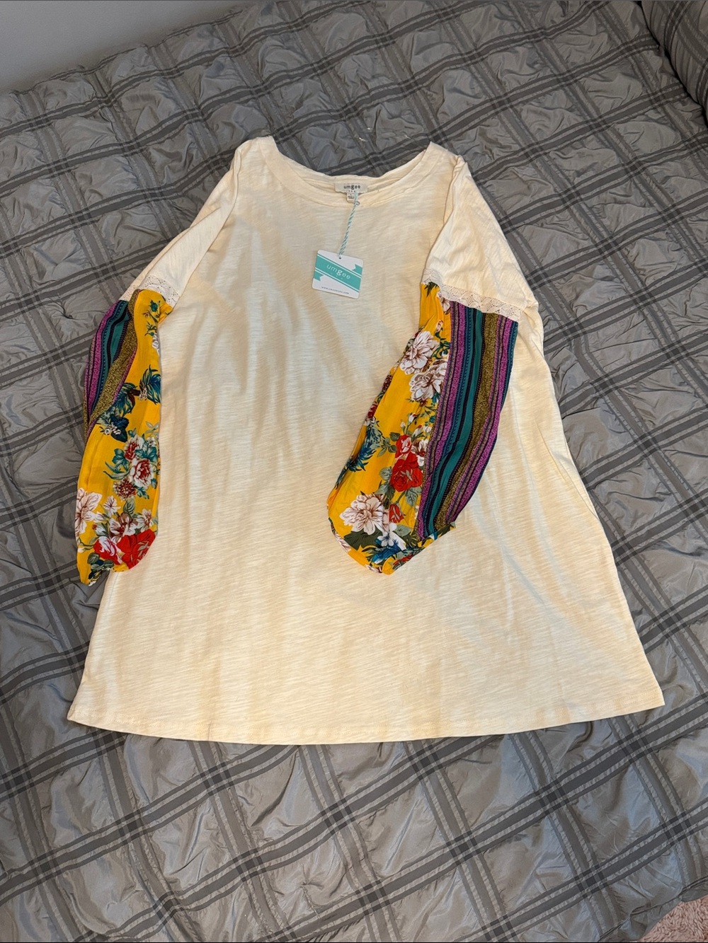 Umgee Cream Dress with Patterned Yellow Floral Balloon Sleeves